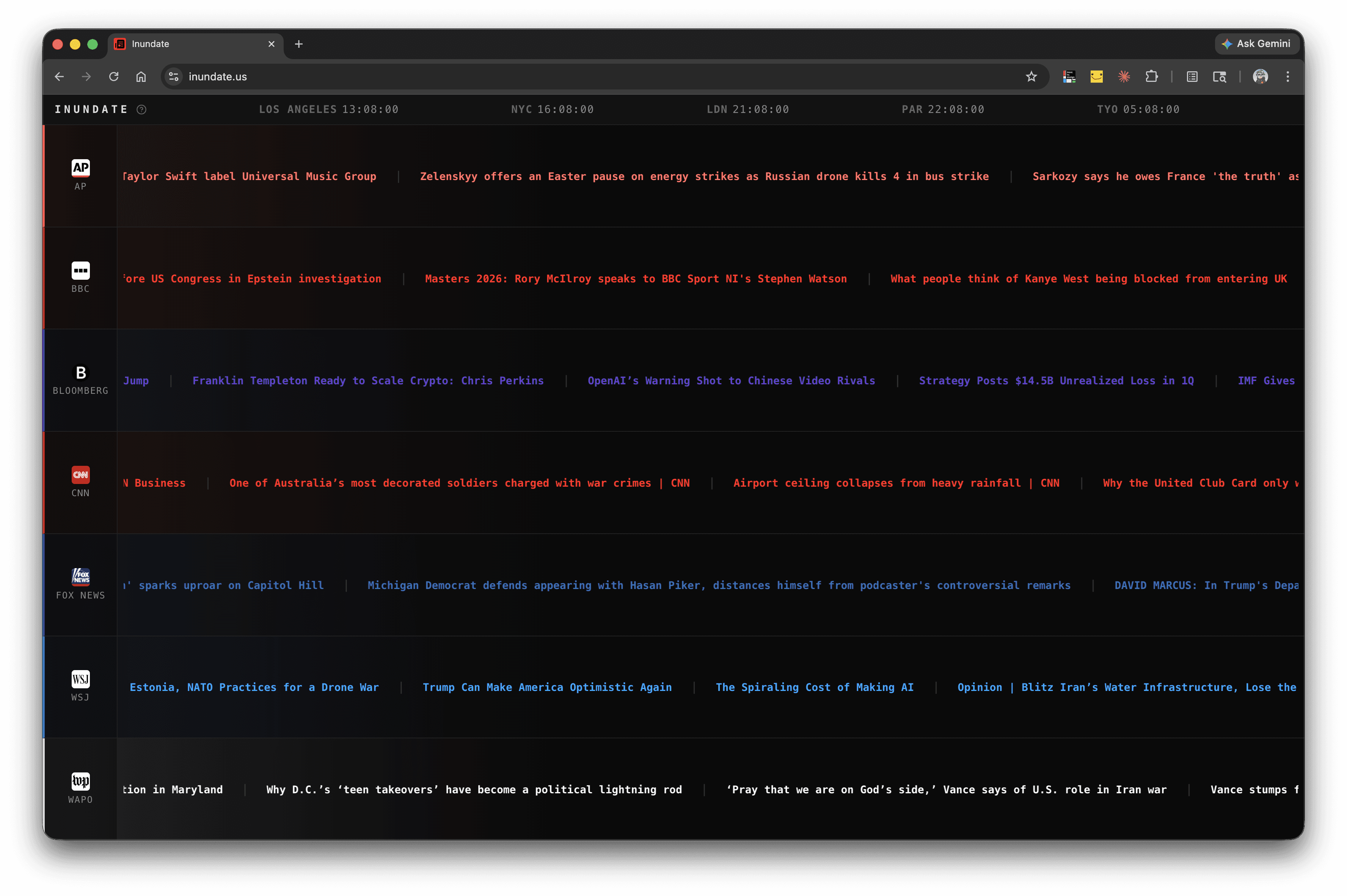 The Inundate site in a browser window: rows of news headlines scrolling across a dark screen